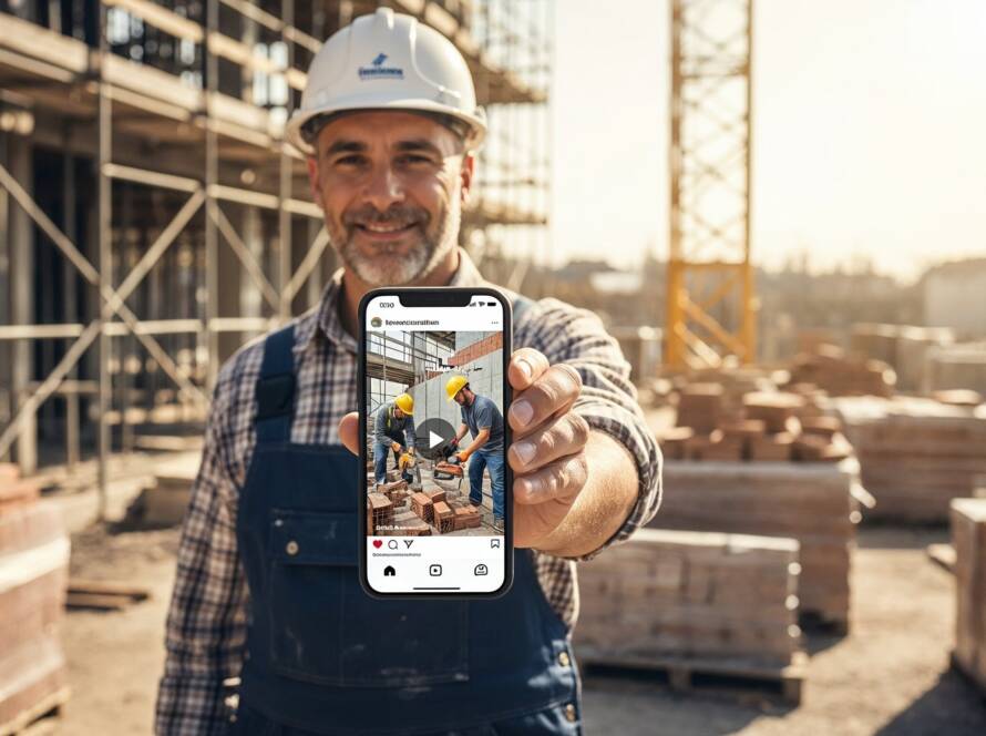 Operaio edile con casco mostra uno smartphone con un video Instagram di colleghi al lavoro su un cantiere edile moderno, con materiali da costruzione e impalcature sullo sfondo.