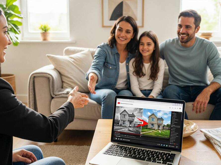 Consulente immobiliare stringe la mano a una famiglia sorridente durante un incontro in casa, con laptop che mostra un confronto tra casa da ristrutturare e casa rinnovata.
