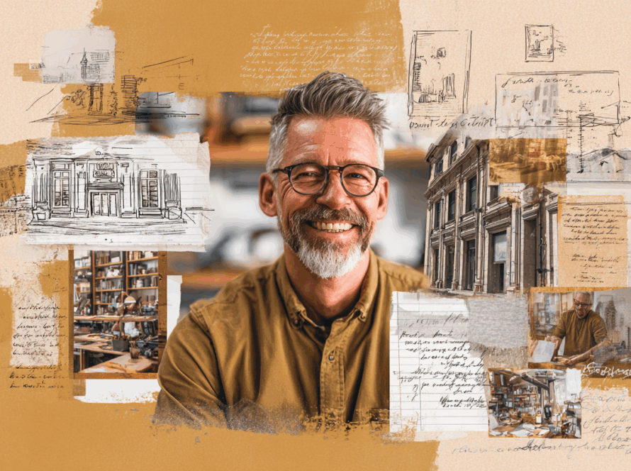 Architetto sorridente circondato da schizzi, disegni architettonici e fotografie di edifici e progetti creativi.