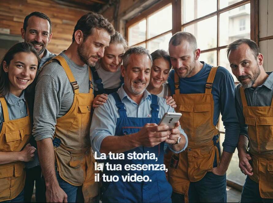 Gruppo di lavoratori in tuta da lavoro che guarda uno smartphone con la scritta “La tua storia, la tua essenza, il tuo video”.