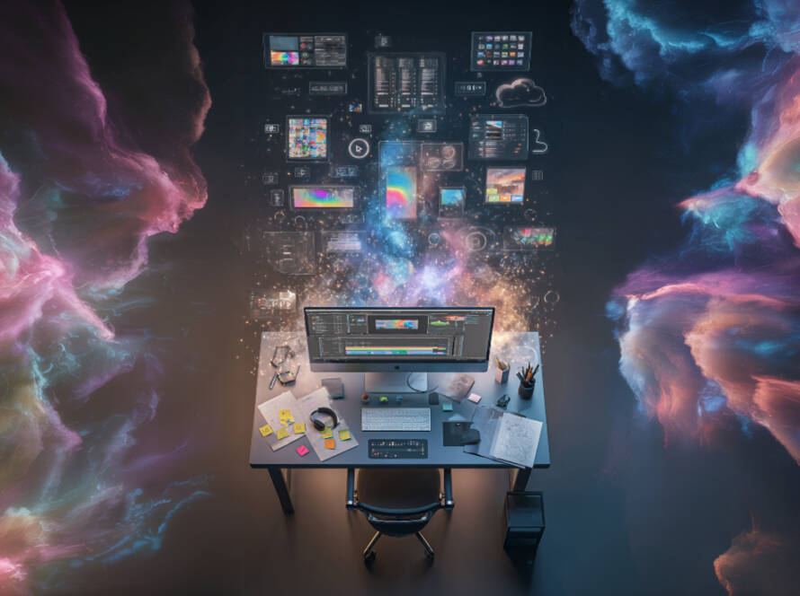 Scrivania creativa con computer e strumenti digitali da cui emergono interfacce multimediali e flussi colorati in stile futuristico.